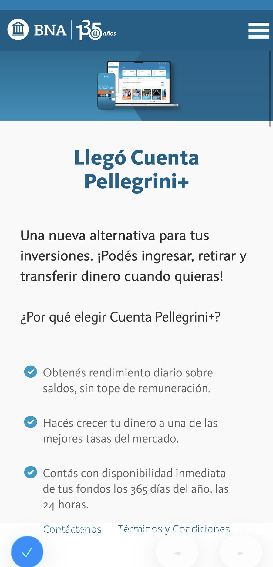 Pantalla del sitio del Banco Nación que anuncia la llegada de la Cuenta Pellegrini+