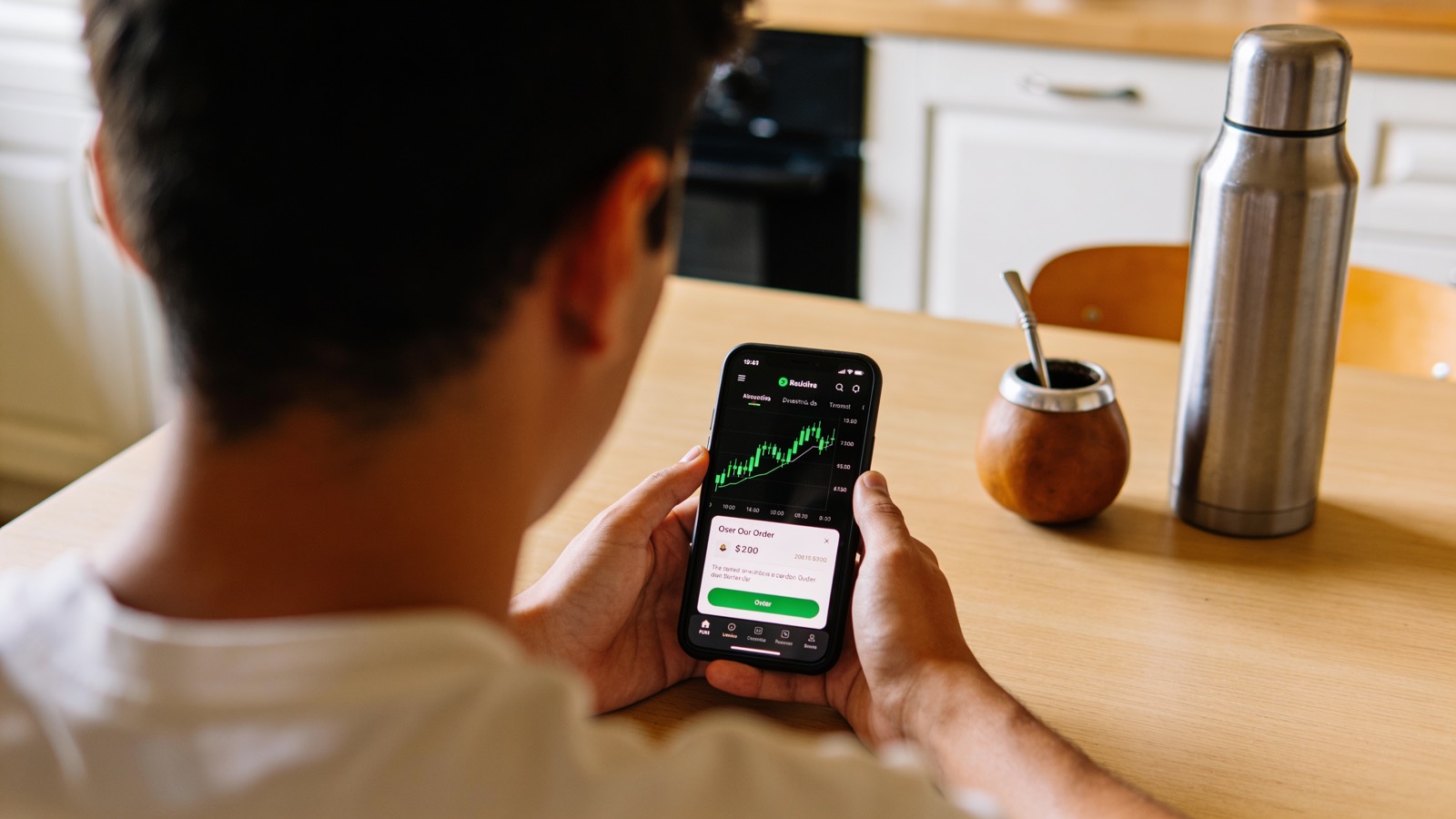 Una persona revisa en su celular una app de inversión con un gráfico de acciones en alza, con un mate cerca, en su casa